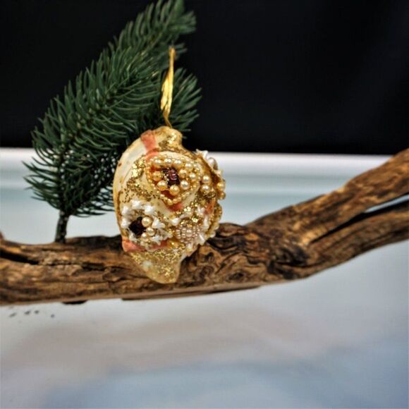 Vintage Christmas Ornament Seashell Beaded Mica Ribbon UNIQUE - Picture 6 of 11